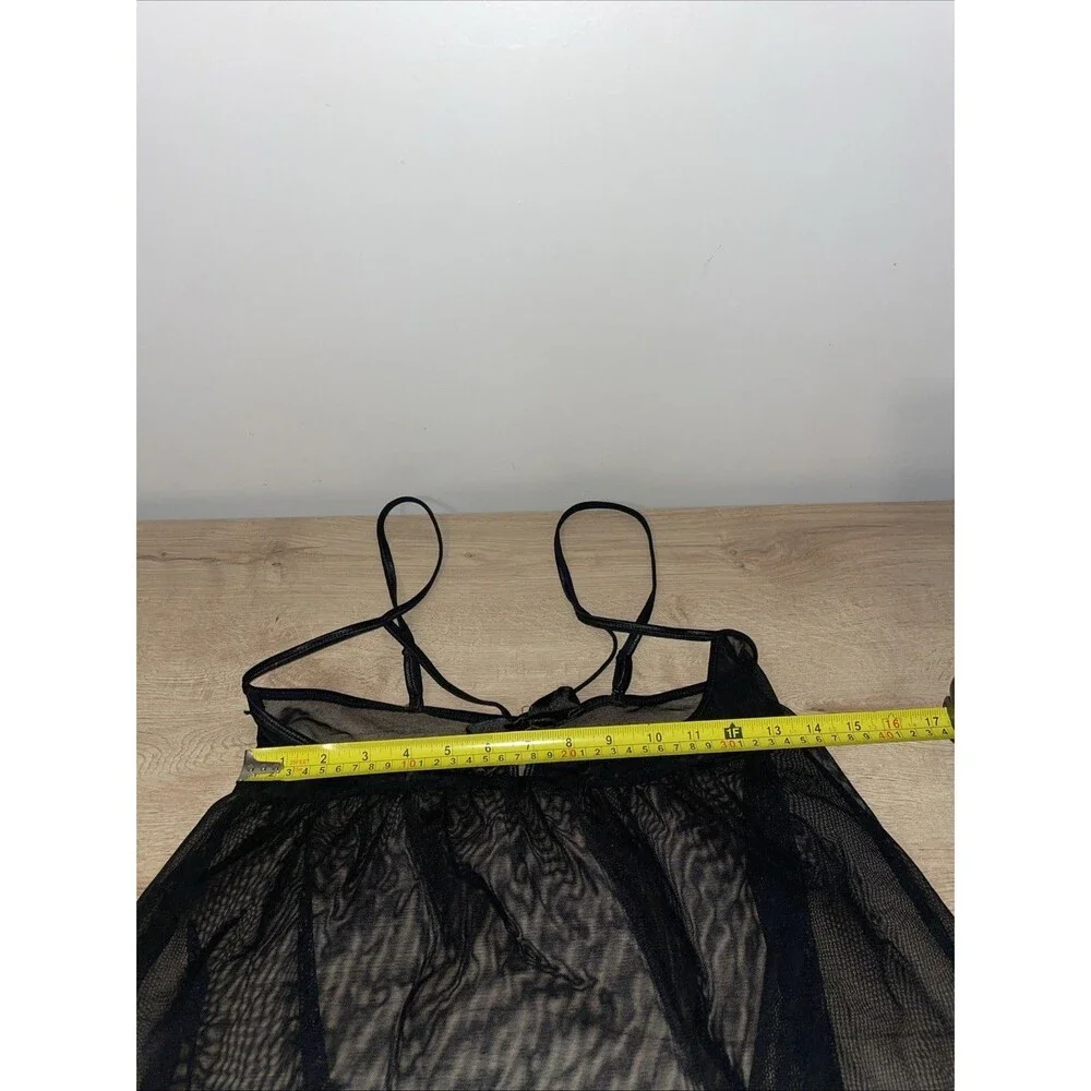 Rene Rofe Babydoll M/L Black Sheer Mesh Chemise Satin Ruffle Bow Lingerie